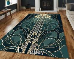 Art Deco Rug, Art Nouveau Rug, Gold Striped Rug, Green Deco Decor, Modern Art Ru