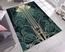 Art Deco Rug, Art Nouveau Rug, Gold Striped Rug, Green Deco Decor, Modern Art Ru