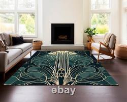 Art Deco Rug, Art Nouveau Rug, Gold Striped Rug, Green Deco Decor, Modern Art Ru