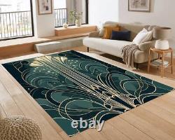 Art Deco Rug, Art Nouveau Rug, Gold Striped Rug, Green Deco Decor, Modern Art Ru