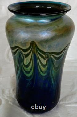 Art Glass Talitha Horne 83 Colbalt Blue withGreen Pulled Feather Design, Nice