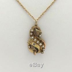 Art Nouveau 10K Green And Yellow Gold Seed Pearl Leaves Pendant Necklace 24