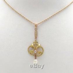 Art Nouveau 10K Rose & Green Gold Baroque Pearl Dangle Sapphire Pendant Necklace