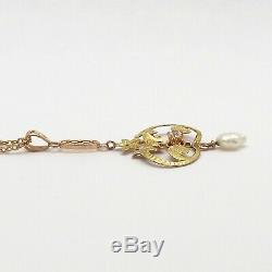 Art Nouveau 10K Rose & Green Gold Baroque Pearl Dangle Sapphire Pendant Necklace