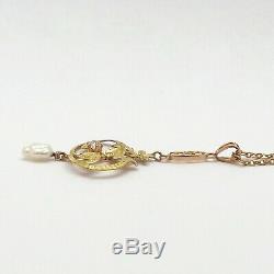 Art Nouveau 10K Rose & Green Gold Baroque Pearl Dangle Sapphire Pendant Necklace