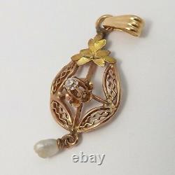 Art Nouveau 10K Rose & Green Gold Diamond Pearl Dangle Charm Pendant 1.1gr