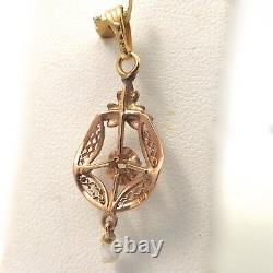 Art Nouveau 10K Rose & Green Gold Diamond Pearl Dangle Charm Pendant 1.1gr