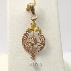 Art Nouveau 10K Rose & Green Gold Diamond Pearl Dangle Charm Pendant 1.1gr