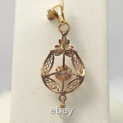 Art Nouveau 10K Rose & Green Gold Diamond Pearl Dangle Charm Pendant 1.1gr