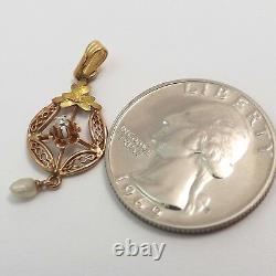 Art Nouveau 10K Rose & Green Gold Diamond Pearl Dangle Charm Pendant 1.1gr