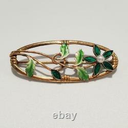 Art Nouveau 10k Gold Floral Pin Enamel Green Stones & Pearl