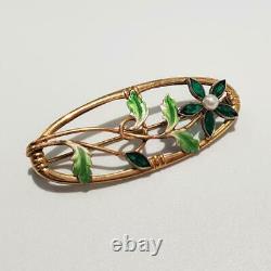 Art Nouveau 10k Gold Floral Pin Enamel Green Stones & Pearl