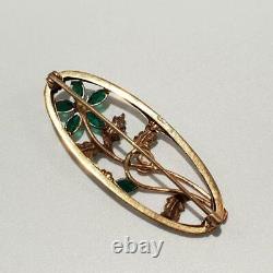 Art Nouveau 10k Gold Floral Pin Enamel Green Stones & Pearl