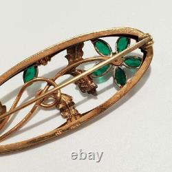 Art Nouveau 10k Gold Floral Pin Enamel Green Stones & Pearl