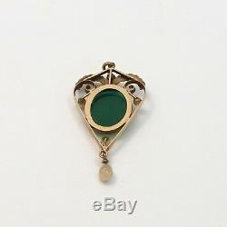 Art Nouveau 10k Green Agate Cameo Seed Pearl Mine Cut Diamond Charm Pendant 2.1g