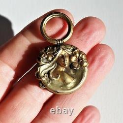 Art Nouveau 10k Green Yellow Matte Gold Mucha Style Lady Head Pendant