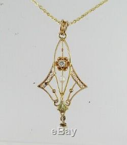 Art Nouveau 10k Yellow & Green Gold Diamond Pearl Lavalier Pendant Necklace NICE