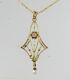 Art Nouveau 10k Yellow & Green Gold Diamond Pearl Lavalier Pendant Necklace Nice