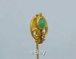 Art Nouveau 14K Chrysoprase Diamond Stick Pin Brooch Antique Green Stickpin Old