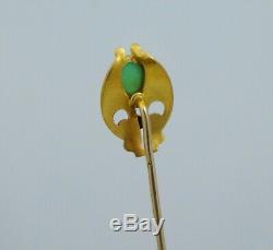 Art Nouveau 14K Chrysoprase Diamond Stick Pin Brooch Antique Green Stickpin Old