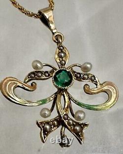 Art Nouveau 14K Gold Enamel Lavaliere Pendant withGreen Stone & Seed Pearls 6 gr