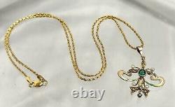 Art Nouveau 14K Gold Enamel Lavaliere Pendant withGreen Stone & Seed Pearls 6 gr