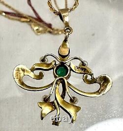 Art Nouveau 14K Gold Enamel Lavaliere Pendant withGreen Stone & Seed Pearls 6 gr