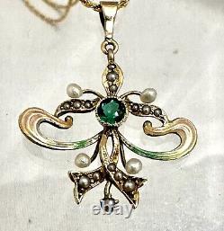 Art Nouveau 14K Gold Enamel Lavaliere Pendant withGreen Stone & Seed Pearls 6 gr