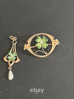 Art Nouveau 14K Green Y Gold Seed Pearl Dangle Charm Pendant & Pin 3.23 g