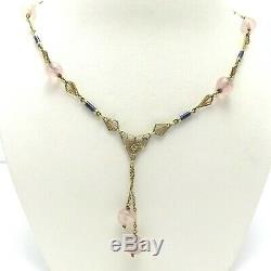 Art Nouveau 14K Green Yellow Gold Rose Quartz Lavalier Bead Necklace 10.3gr