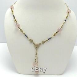 Art Nouveau 14K Green Yellow Gold Rose Quartz Lavalier Bead Necklace 10.3gr