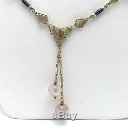 Art Nouveau 14K Green Yellow Gold Rose Quartz Lavalier Bead Necklace 10.3gr