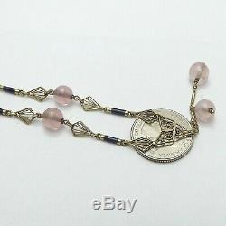 Art Nouveau 14K Green Yellow Gold Rose Quartz Lavalier Bead Necklace 10.3gr