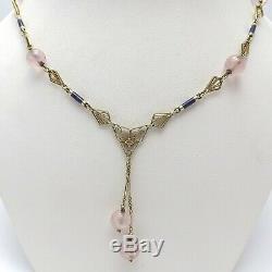 Art Nouveau 14K Green Yellow Gold Rose Quartz Lavalier Bead Necklace 10.3gr