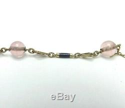 Art Nouveau 14K Green Yellow Gold Rose Quartz Lavalier Bead Necklace 10.3gr