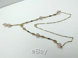 Art Nouveau 14K Green Yellow Gold Rose Quartz Lavalier Bead Necklace 10.3gr