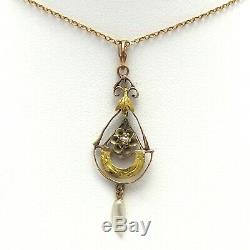 Art Nouveau 14K Rose & Green Gold Seed Pearl Pendant Dangle Necklace 16