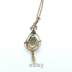 Art Nouveau 14K Rose & Green Gold Seed Pearl Pendant Dangle Necklace 16