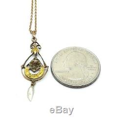 Art Nouveau 14K Rose & Green Gold Seed Pearl Pendant Dangle Necklace 16