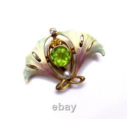 Art Nouveau 14k Enamel Brooch Diamond Pearl Henry Blank and Co