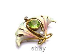 Art Nouveau 14k Enamel Brooch Diamond Pearl Henry Blank and Co