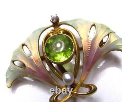 Art Nouveau 14k Enamel Brooch Diamond Pearl Henry Blank and Co