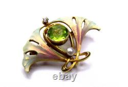 Art Nouveau 14k Enamel Brooch Diamond Pearl Henry Blank and Co