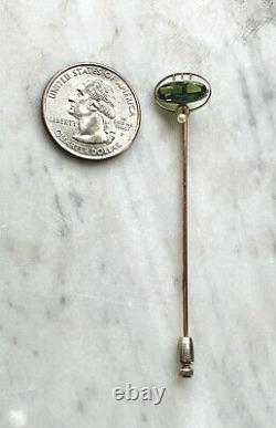 Art Nouveau 14k Platinum Pearl & Green Tourmaline Cabochon Stickpin