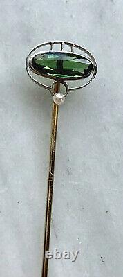 Art Nouveau 14k Platinum Pearl & Green Tourmaline Cabochon Stickpin