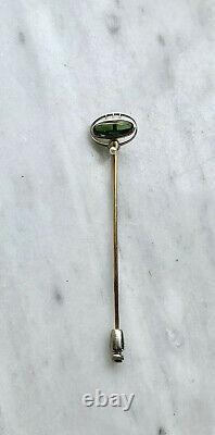 Art Nouveau 14k Platinum Pearl & Green Tourmaline Cabochon Stickpin