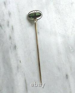 Art Nouveau 14k Platinum Pearl & Green Tourmaline Cabochon Stickpin