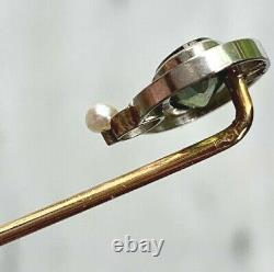 Art Nouveau 14k Platinum Pearl & Green Tourmaline Cabochon Stickpin