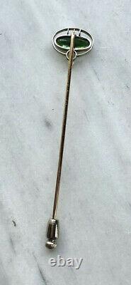 Art Nouveau 14k Platinum Pearl & Green Tourmaline Cabochon Stickpin