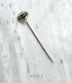 Art Nouveau 14k Platinum Pearl & Green Tourmaline Cabochon Stickpin